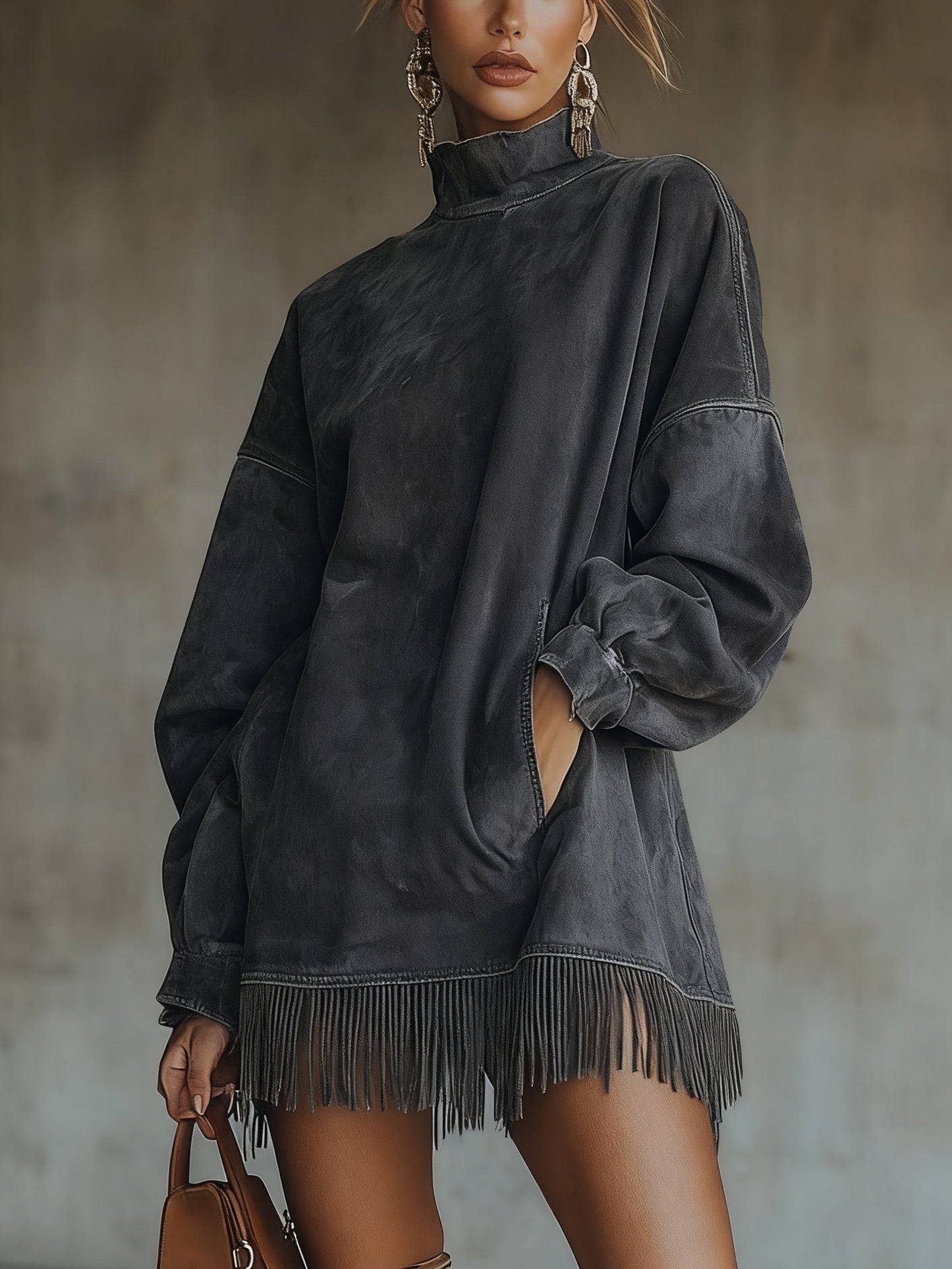 Carol | Robe oversize effet daim avec franges