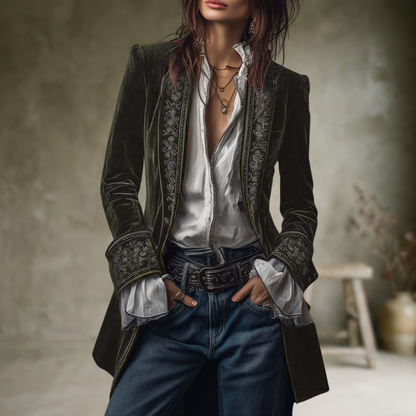 Federica | Veste Longue Vintage Velours Federica – Broderies Élégantes