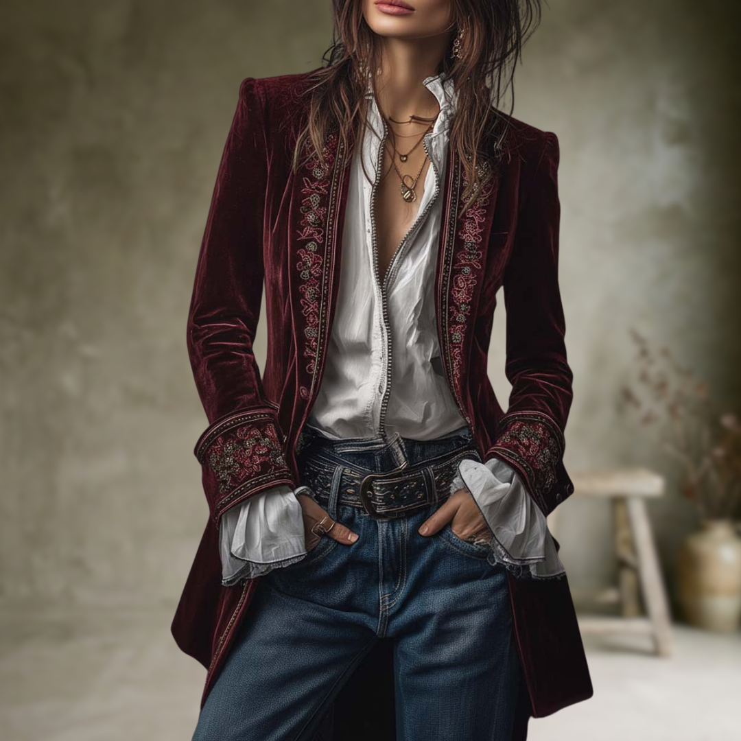 Federica | Veste Longue Vintage Velours Federica – Broderies Élégantes