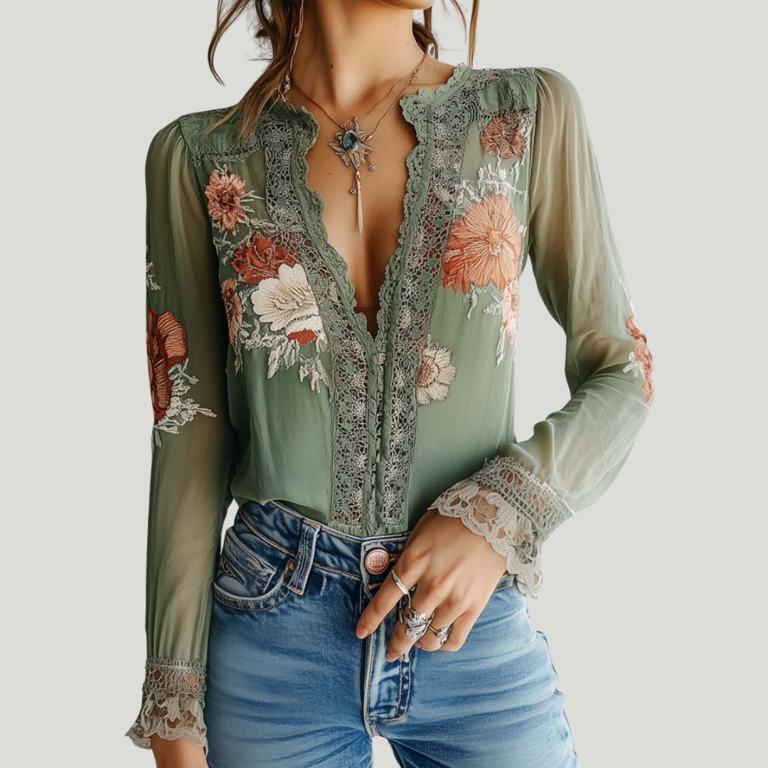 Tina | Blouse en dentelle à imprimé floral bohème