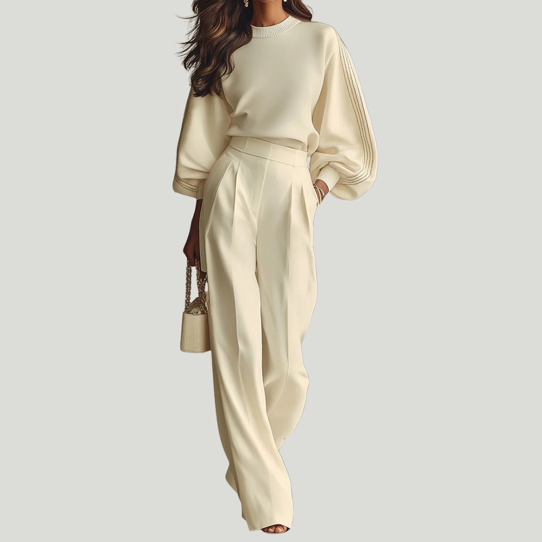 Ivory | Haut luxueux blanc ivoire à volants et pantalon large à taille haute