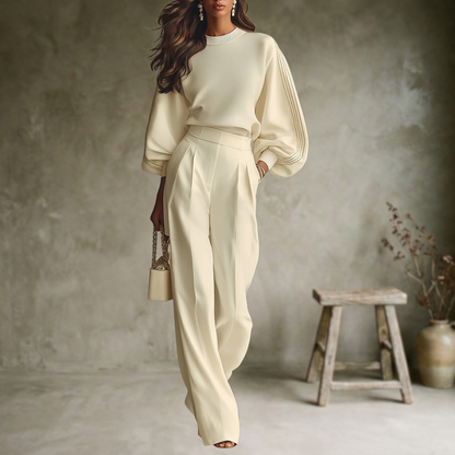 Ivory | Haut luxueux blanc ivoire à volants et pantalon large à taille haute