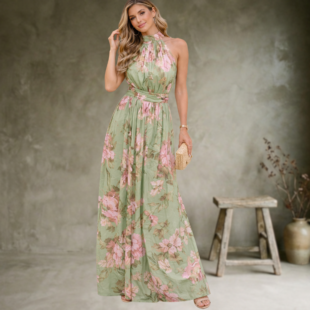 Serena | Robe longue en mousseline verte à motifs floraux