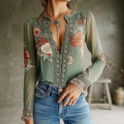 Tina | Blouse en dentelle à imprimé floral bohème