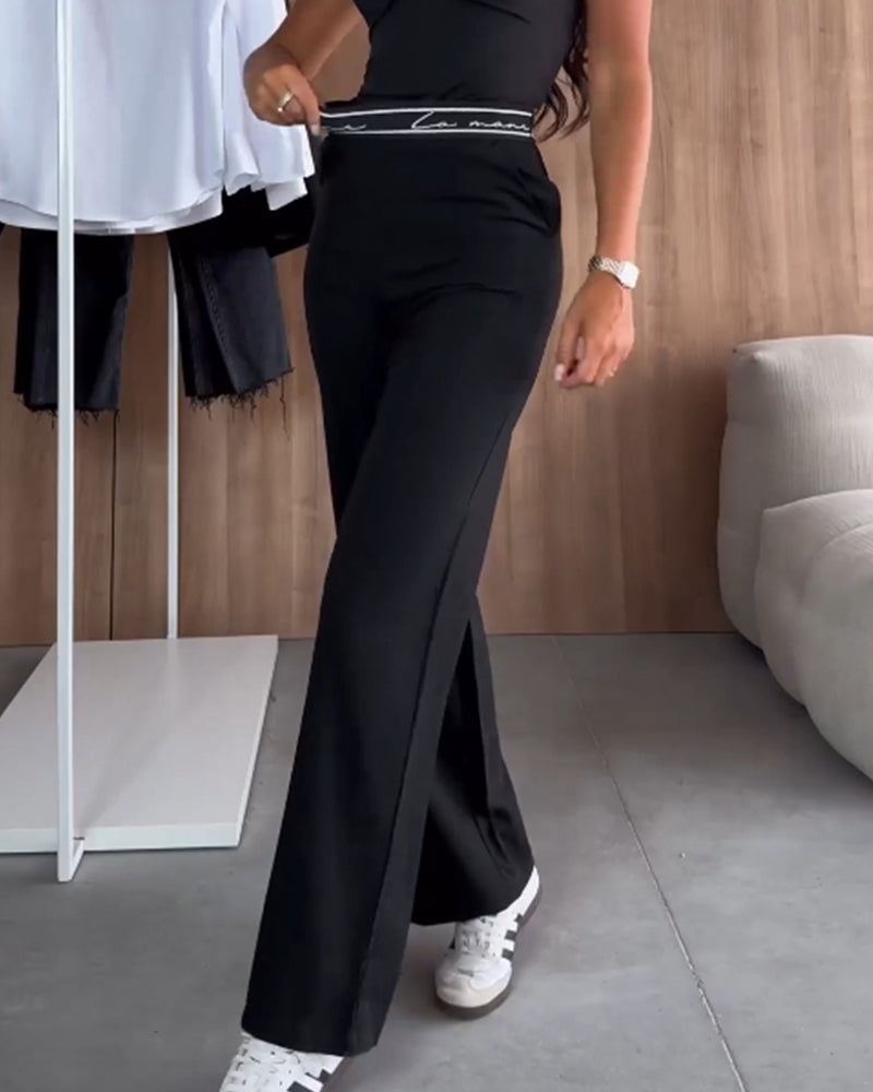 Iloon | Pantalon droit décontracté de couleur unie avec fermeture éclair et poche
