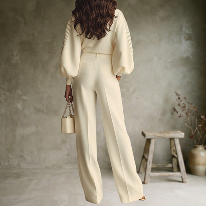 Ivory | Haut luxueux blanc ivoire à volants et pantalon large à taille haute
