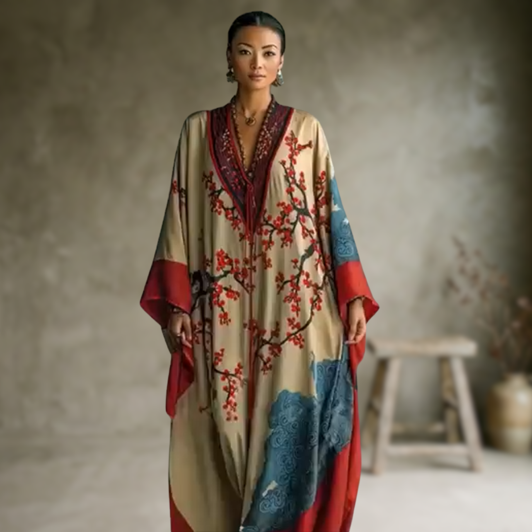 Wendy | Robe longue à fleurs de prunier rouge japonais