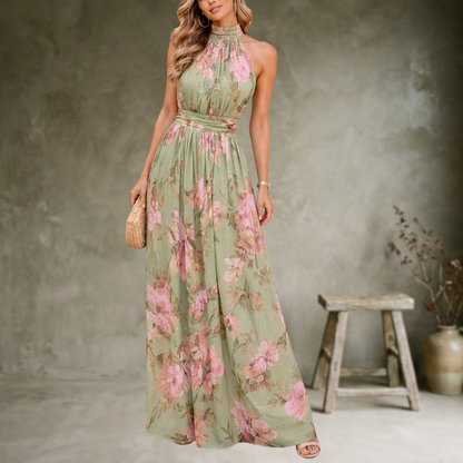 Serena | Robe longue en mousseline verte à motifs floraux