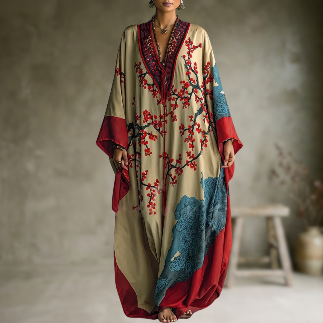 Wendy | Robe longue à fleurs de prunier rouge japonais