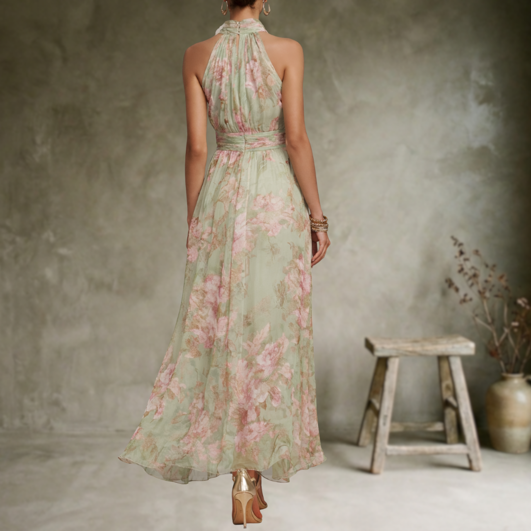 Serena | Robe longue en mousseline verte à motifs floraux