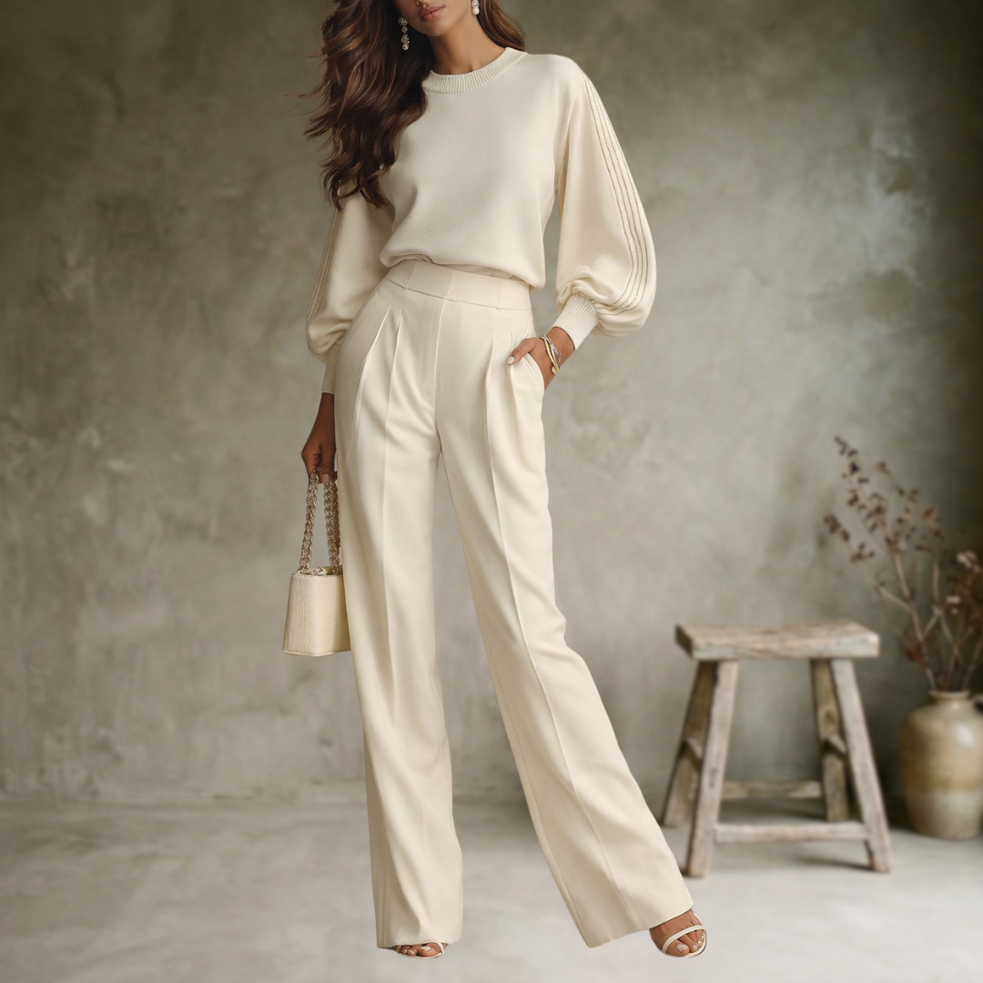 Ivory | Haut luxueux blanc ivoire à volants et pantalon large à taille haute