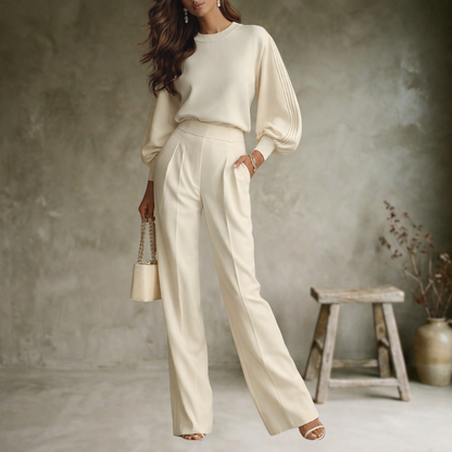 Ivory | Haut luxueux blanc ivoire à volants et pantalon large à taille haute