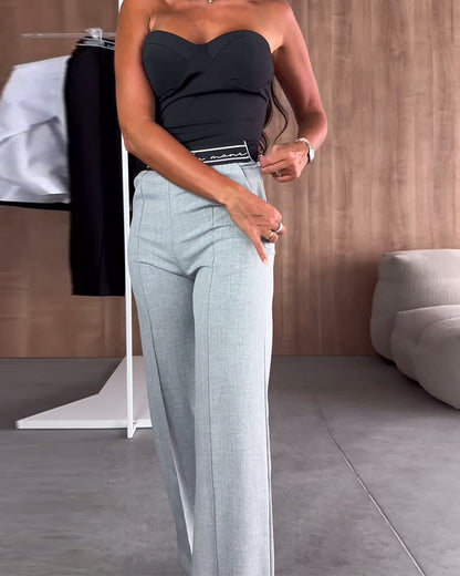 Iloon | Pantalon droit décontracté de couleur unie avec fermeture éclair et poche