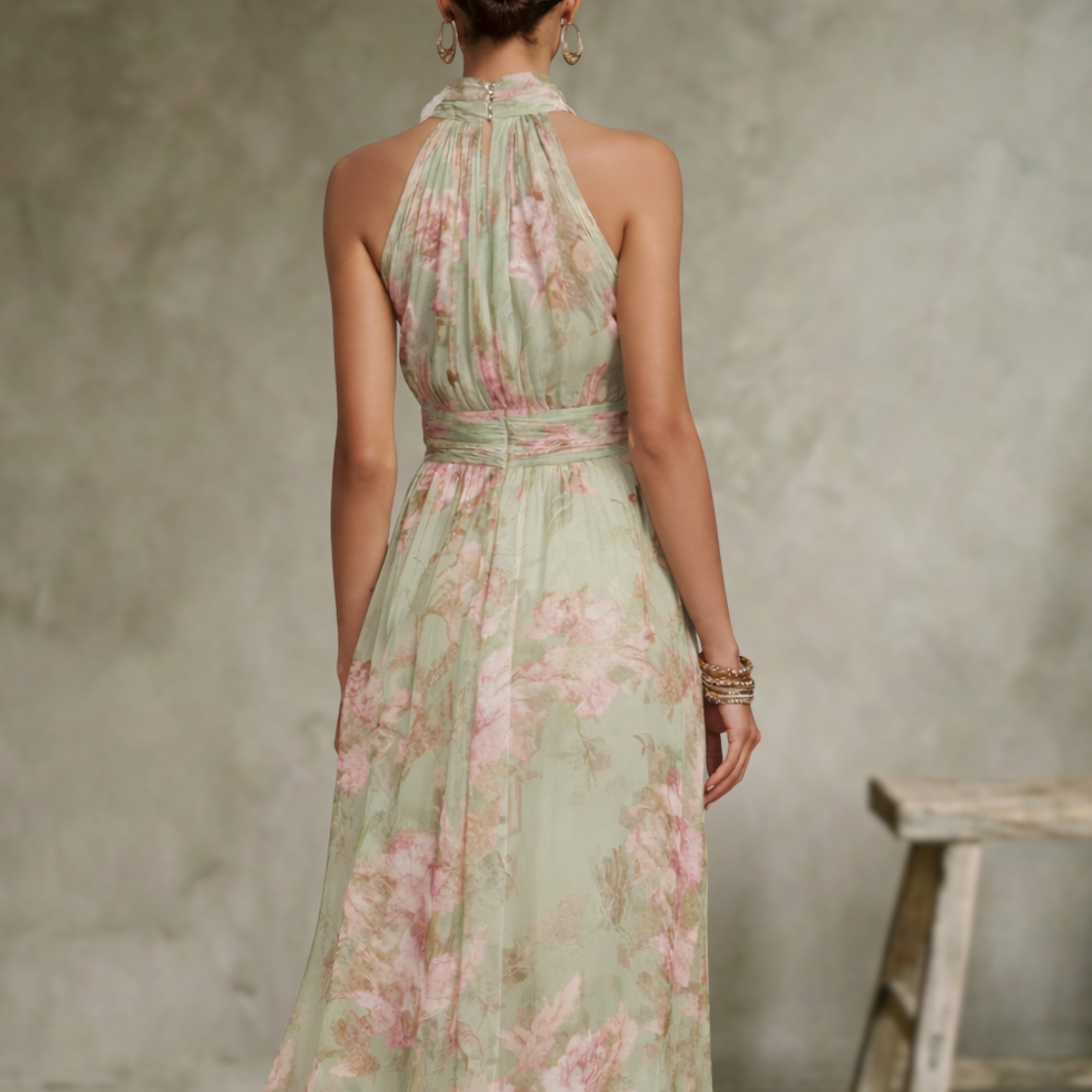 Serena | Robe longue en mousseline verte à motifs floraux