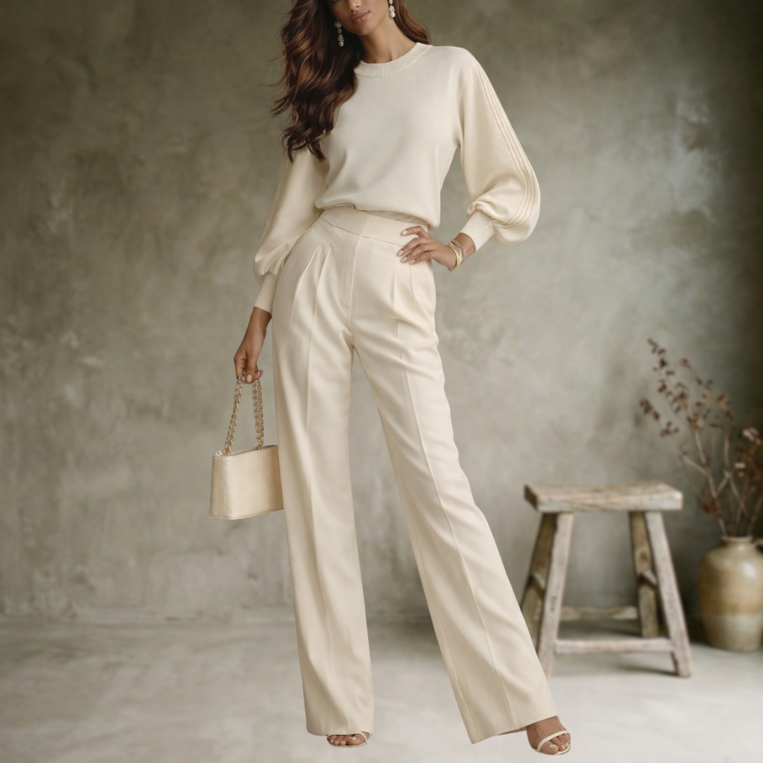 Ivory | Haut luxueux blanc ivoire à volants et pantalon large à taille haute
