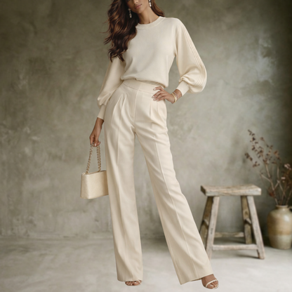 Ivory | Haut luxueux blanc ivoire à volants et pantalon large à taille haute