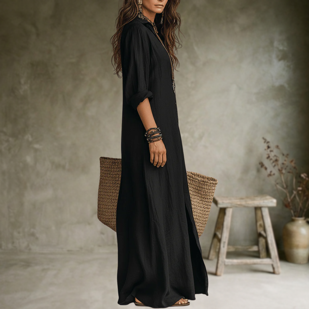 Soline | Robe longue noire ample à boutons