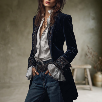 Federica | Veste Longue Vintage Velours Federica – Broderies Élégantes