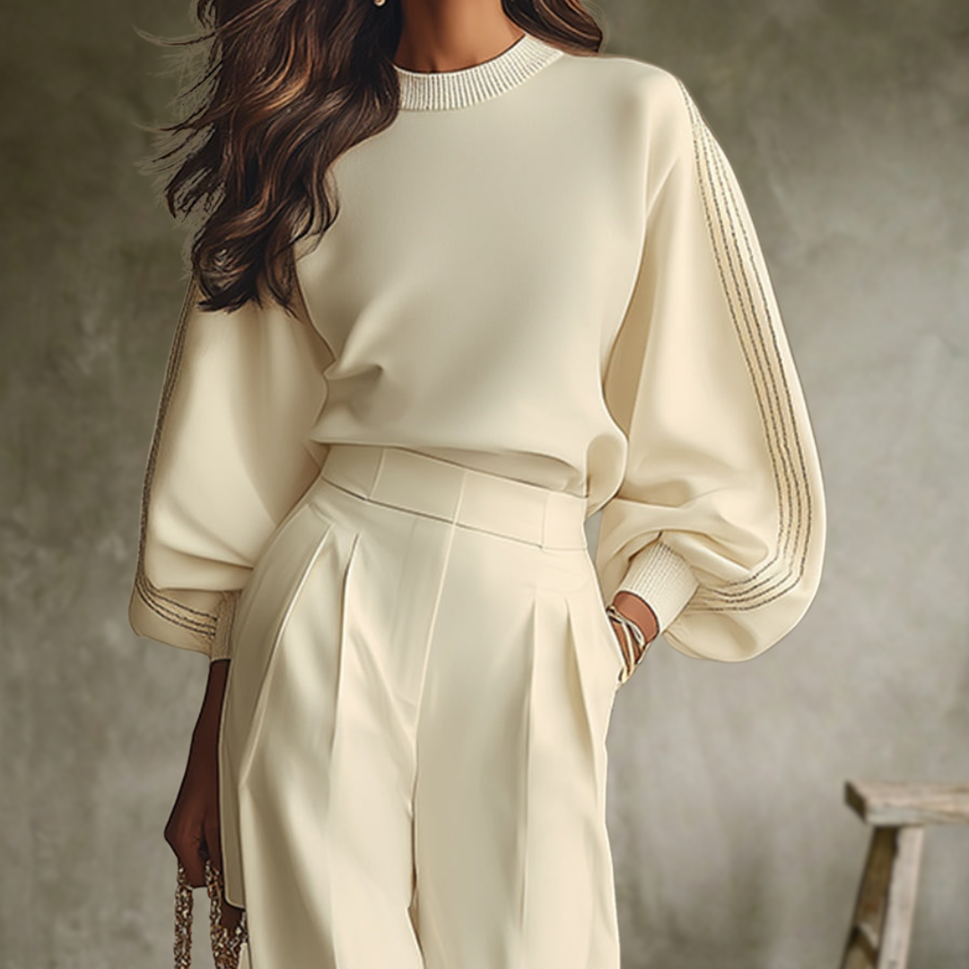 Ivory | Haut luxueux blanc ivoire à volants et pantalon large à taille haute