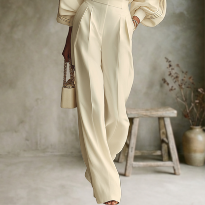 Ivory | Haut luxueux blanc ivoire à volants et pantalon large à taille haute