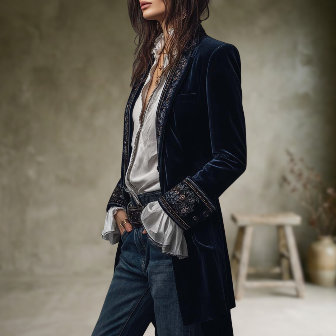 Federica | Veste Longue Vintage Velours Federica – Broderies Élégantes