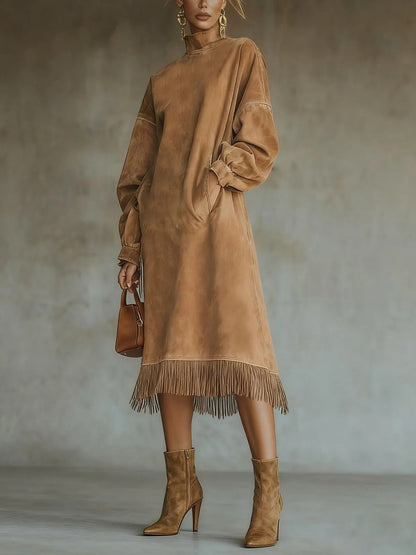 Aurora | Robe en imitation daim à franges