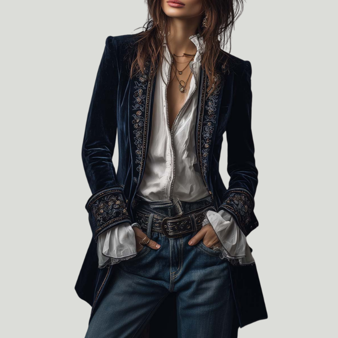 Federica | Veste Longue Vintage Velours Federica – Broderies Élégantes