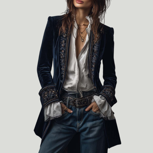Federica | Veste Longue Vintage Velours Federica – Broderies Élégantes