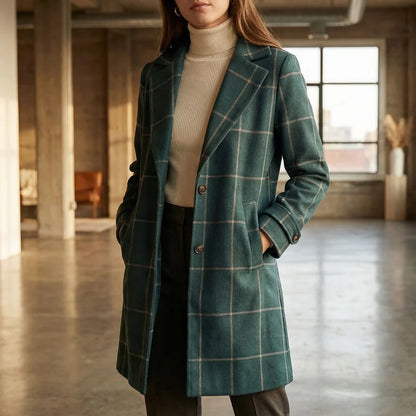 Manteau en Tweed à Carreaux avec Revers Rétro