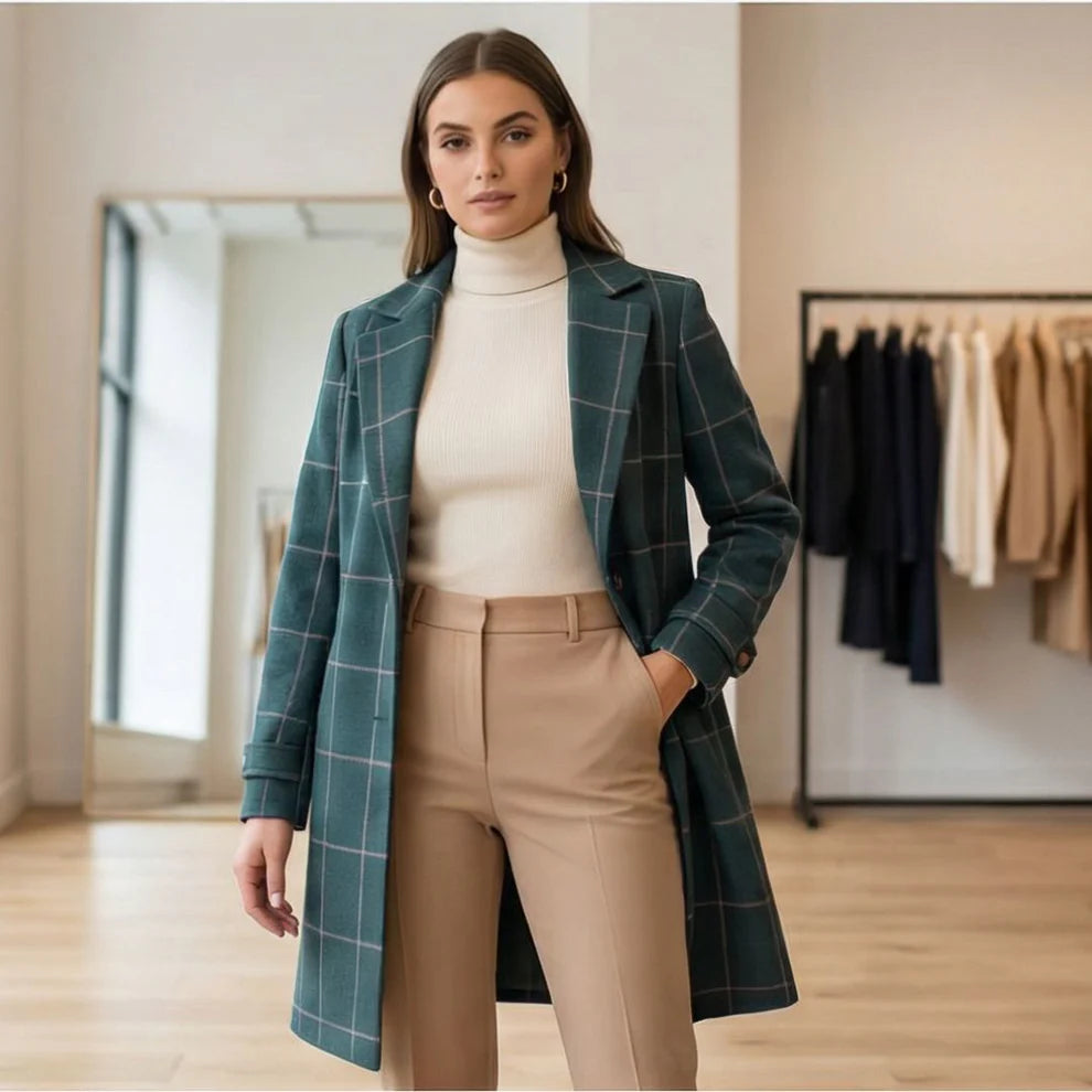 Manteau en Tweed à Carreaux avec Revers Rétro