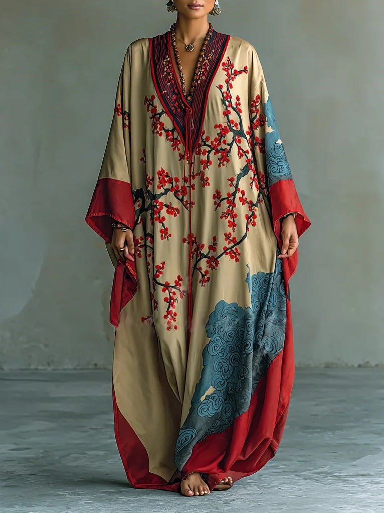 Wendy | Robe longue à fleurs de prunier rouge japonais