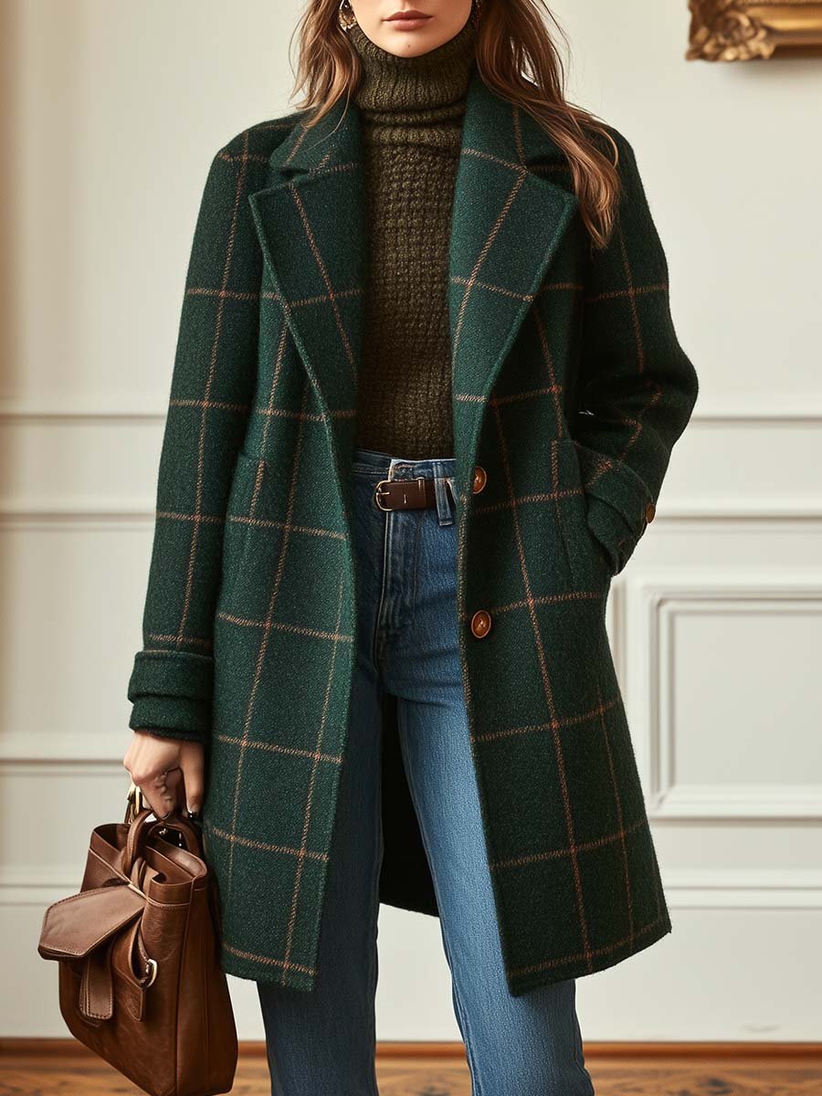 Manteau en Tweed à Carreaux avec Revers Rétro
