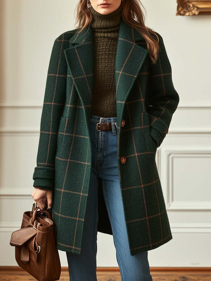 Manteau en Tweed à Carreaux avec Revers Rétro