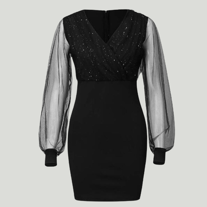 Adrienne | Robe Noire Élégante à Paillettes et Manches Transparentes