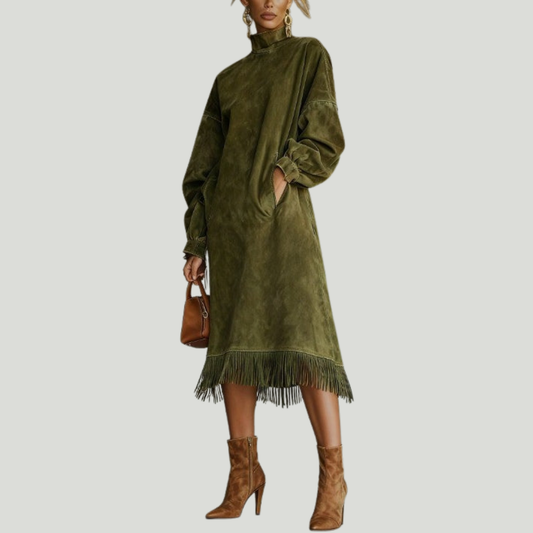 Aurora | Robe en imitation daim à franges