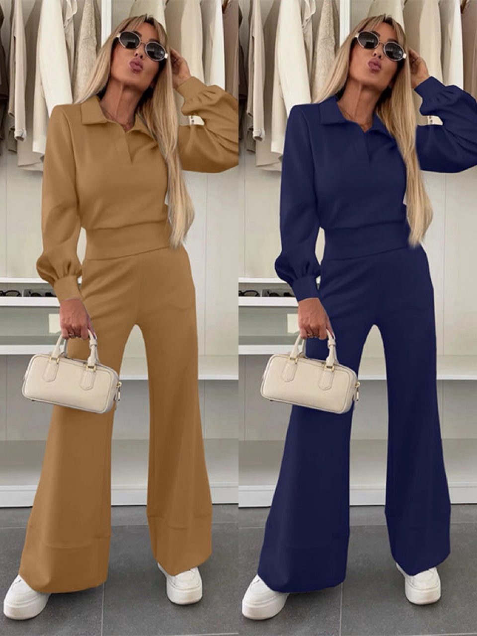 Amalia | Costume femme avec chemisier à revers et pantalon large